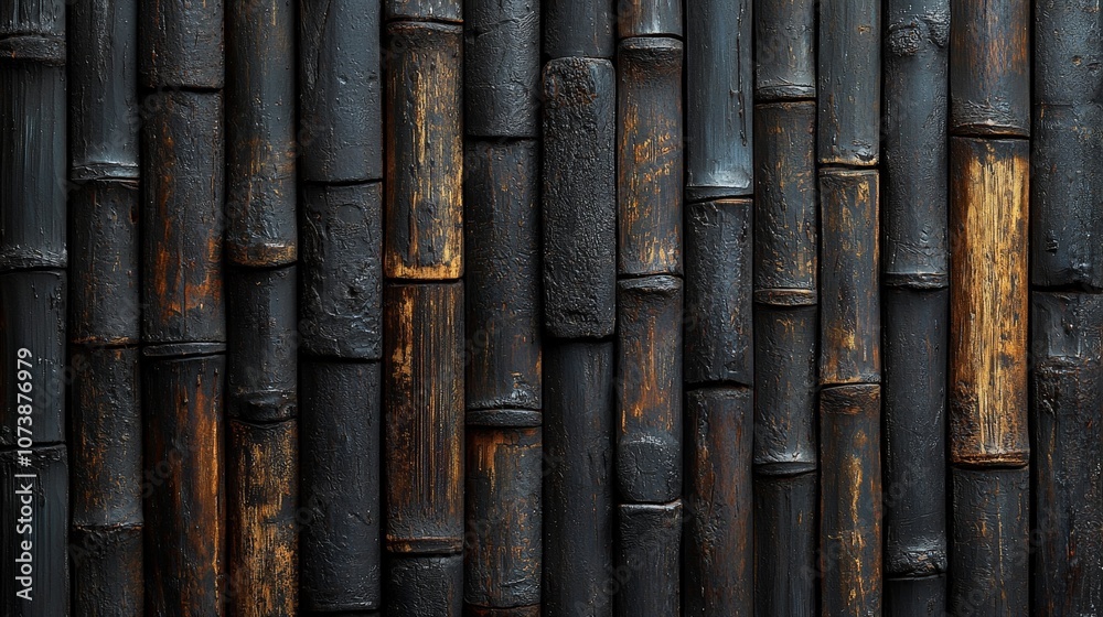 A textured wall made of dark, weathered bamboo, showcasing natural patterns and hues. A textured wall made of dark, weathered bamboo, showcasing natural patterns and hues.