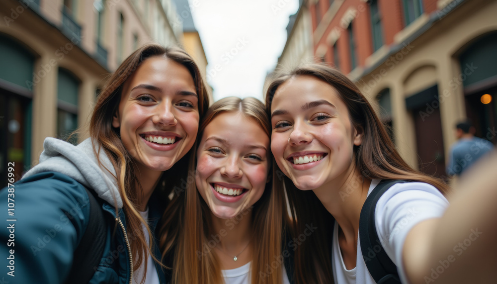 Three Happy Friends Taking a Selfie in the City Three Happy Friends Taking a Selfie in the City