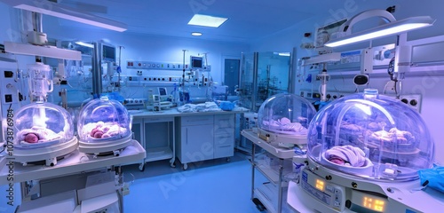 A sterile hospital neonatal care unit with small incubators, bright lighting and organized equipment for newborn care. photo