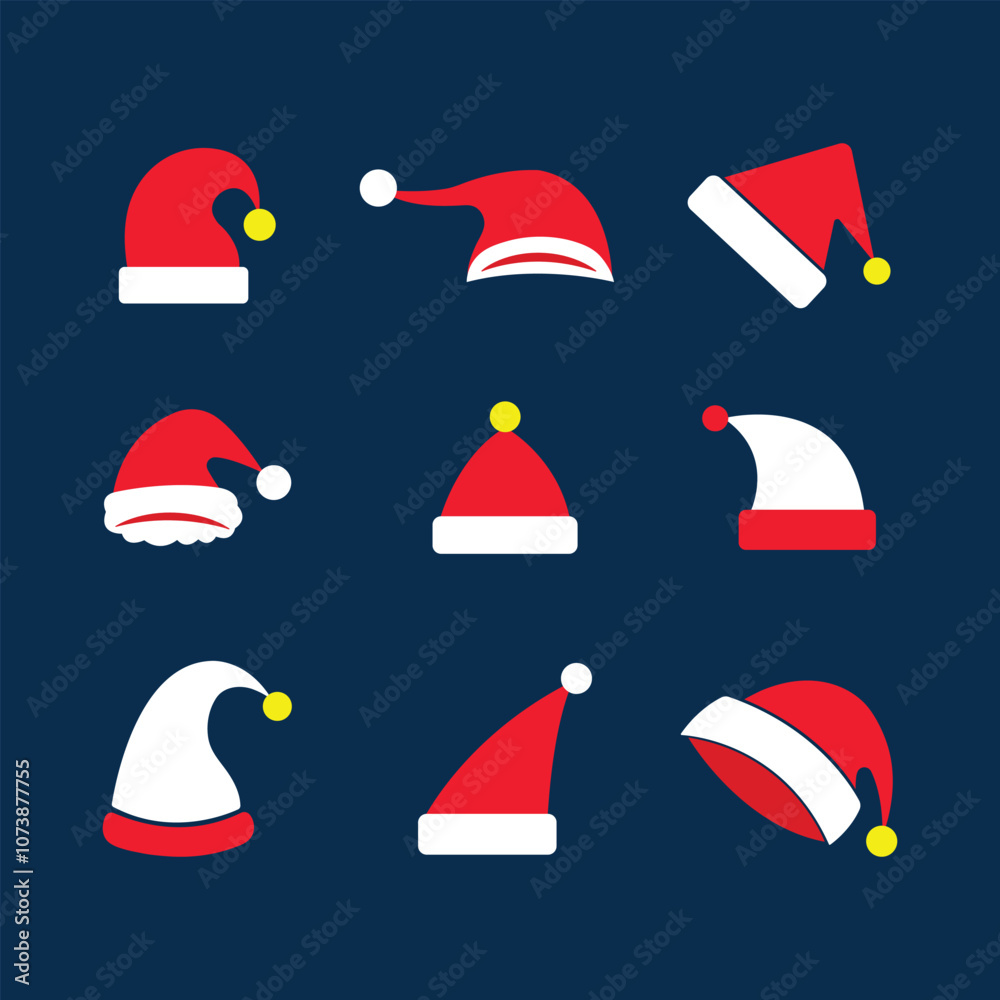Santa hats vector set, Santa claus hat colllection, Holiday cap illustration.