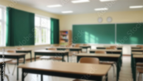 School classroom in blur background without young student; Blurry view of elementary class room no kid or teacher with chairs and tables in campus.
