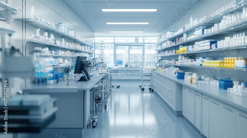 A sterile hospital pharmacy with organized medication shelves, clean counters, and modern technology for efficient patient service.