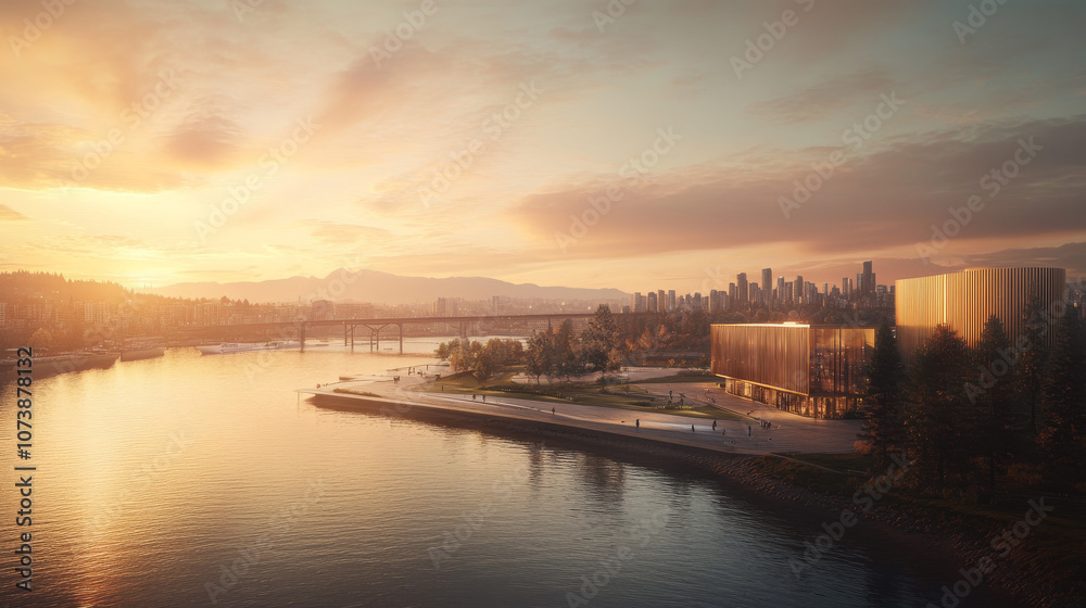 Sunset Waterfront AI Data Center: River, Cityscape, Modern Architecture, Golden Facade, 3D Rendering Sunset Waterfront AI Data Center: River, Cityscape, Modern Architecture, Golden Facade, 3D Rendering