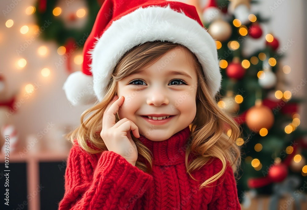 Joyful Child in Christmas Sweater with Santa Hat created with generative AI Joyful Child in Christmas Sweater with Santa Hat created with generative AI
