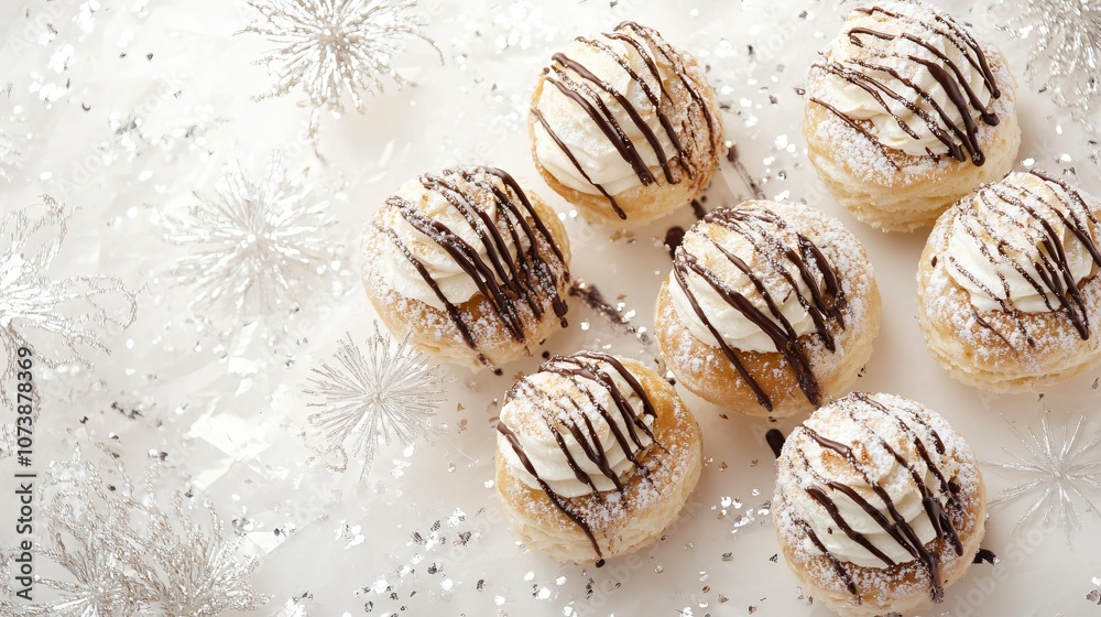 Vanilla cream profiteroles with chocolate drizzle, isolated on a light background with silver sparkles and delicate lace Vanilla cream profiteroles with chocolate drizzle, isolated on a light background with silver sparkles and delicate lace