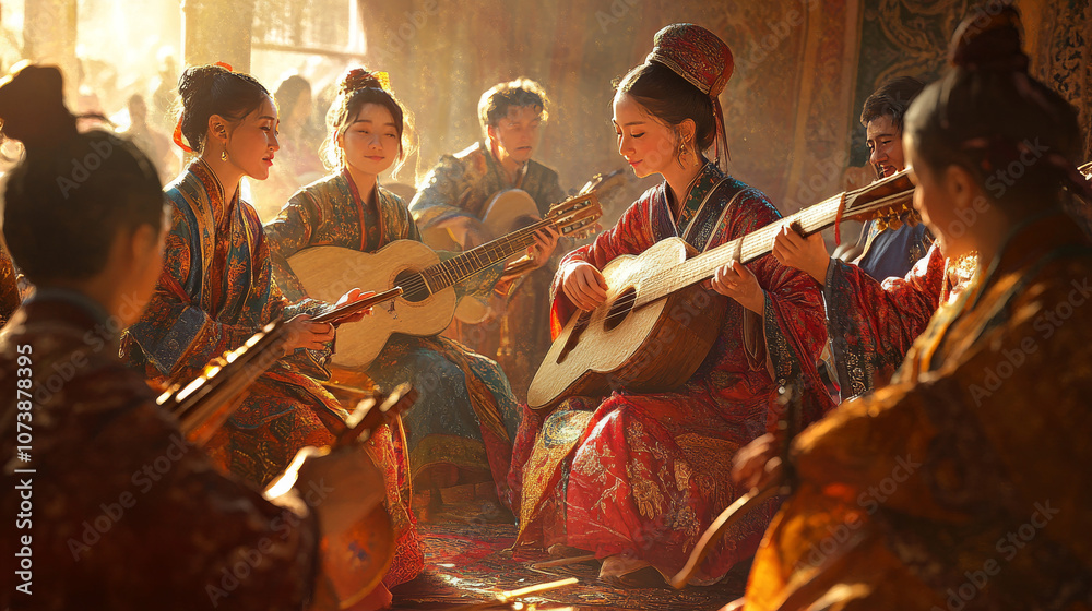 Fototapeta premium Golden Hour Ensemble: Traditional Music, Cultural Fusion, Vibrant Costumes, String Instruments