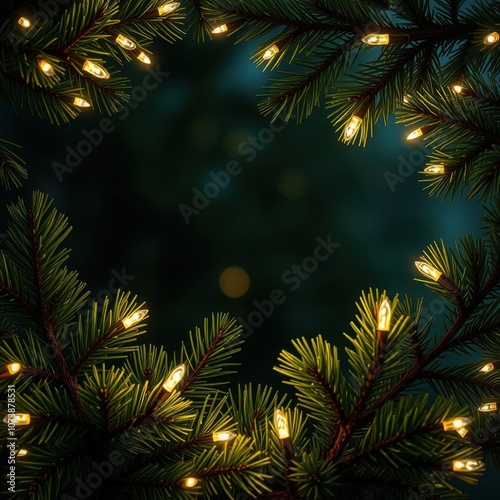 Wallpaper Mural Green pine branches with twinkling lights offering frame christmas isolated Torontodigital.ca