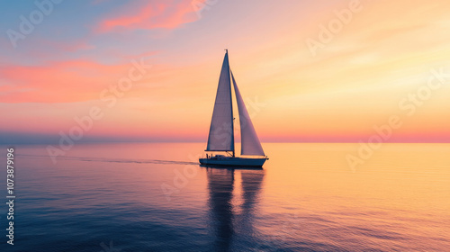 Sailboat at sunset on calm waters, creating serene atmosphere