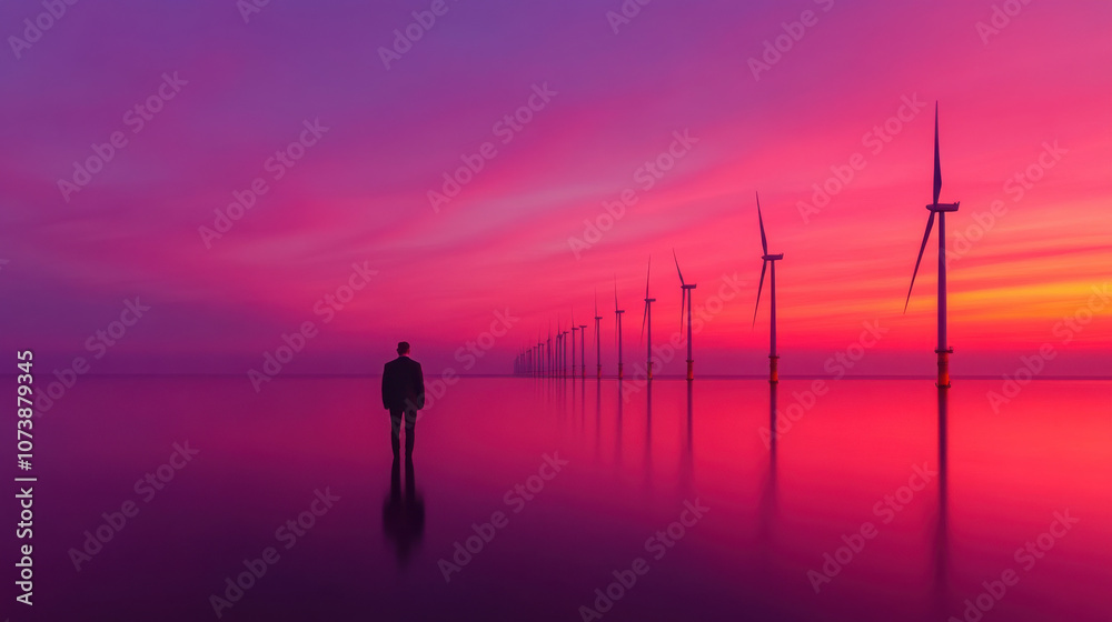 Fototapeta premium serene sunset over offshore wind farm with vibrant colors