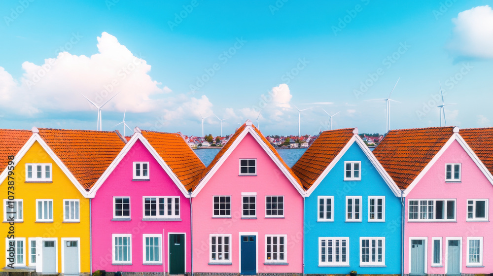 Colorful houses by water with wind turbines in background Colorful houses by water with wind turbines in background