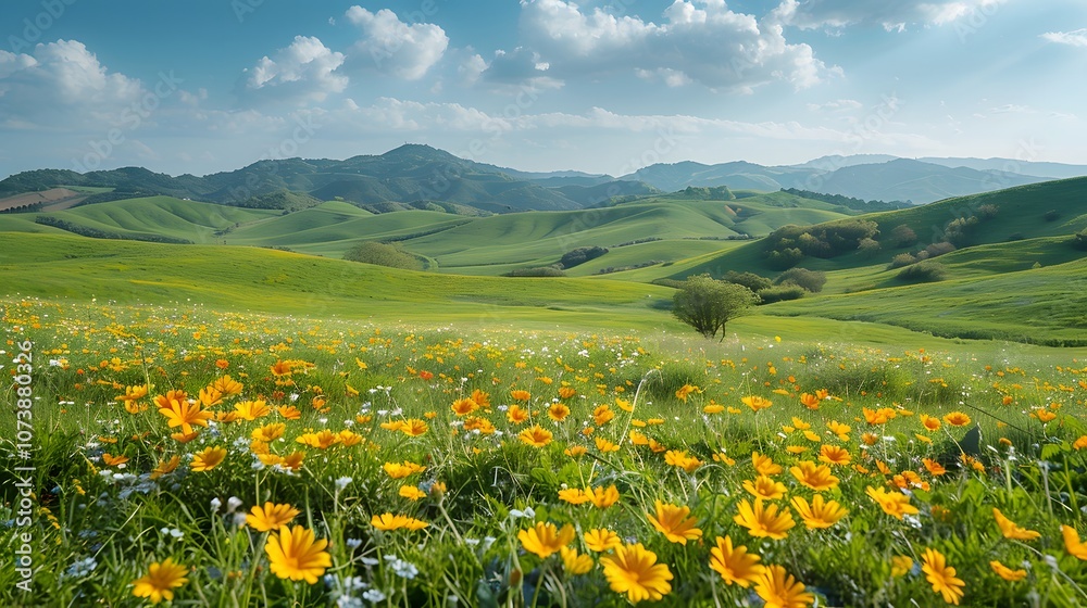 Springtime field of wildflowers in green rolling hills under blue sky. Nature and landscape theme. Suitable for wallpaper, poster, and greeting card Springtime field of wildflowers in green rolling hills under blue sky. Nature and landscape theme. Suitable for wallpaper, poster, and greeting card