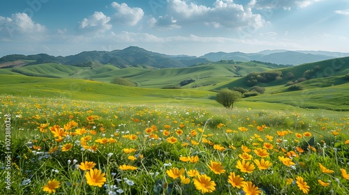 Springtime field of wildflowers in green rolling hills under blue sky. Nature and landscape theme. Suitable for wallpaper, poster, and greeting card