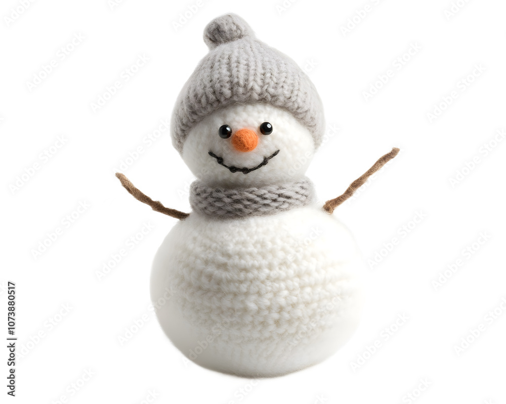 Obraz premium A charming handmade snowman wearing a gray winter hat and scarf, perfect for festive decorations and winter celebrations, evoking joy and warmth during the cold season.