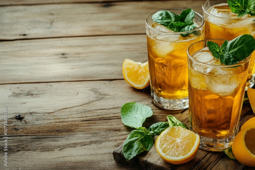 Refreshing drink setup on wooden table with ample copy space for creative branding and ads Refreshing drink setup on wooden table with ample copy space for creative branding and ads