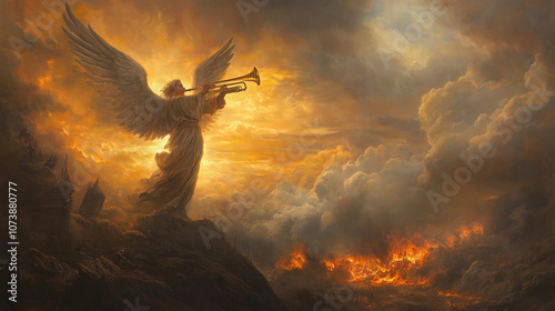 Angel Trumpeting Over Fiery, Chaotic Landscape
