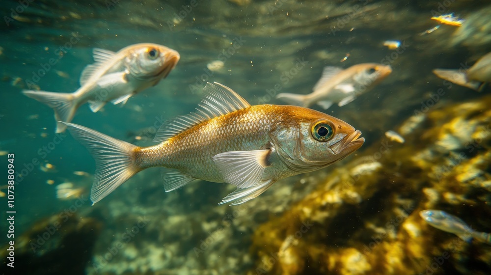 Fototapeta premium Underwater scene featuring swimming fish in a natural habitat.