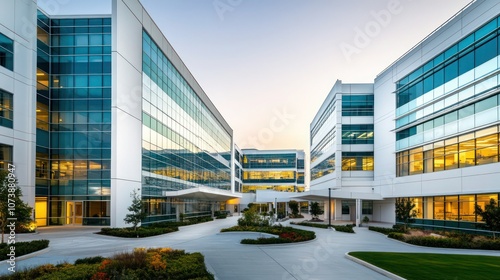 An outdoor view of a modern hospital complex, multiple interconnected buildings with large glass windows and clean white walls.