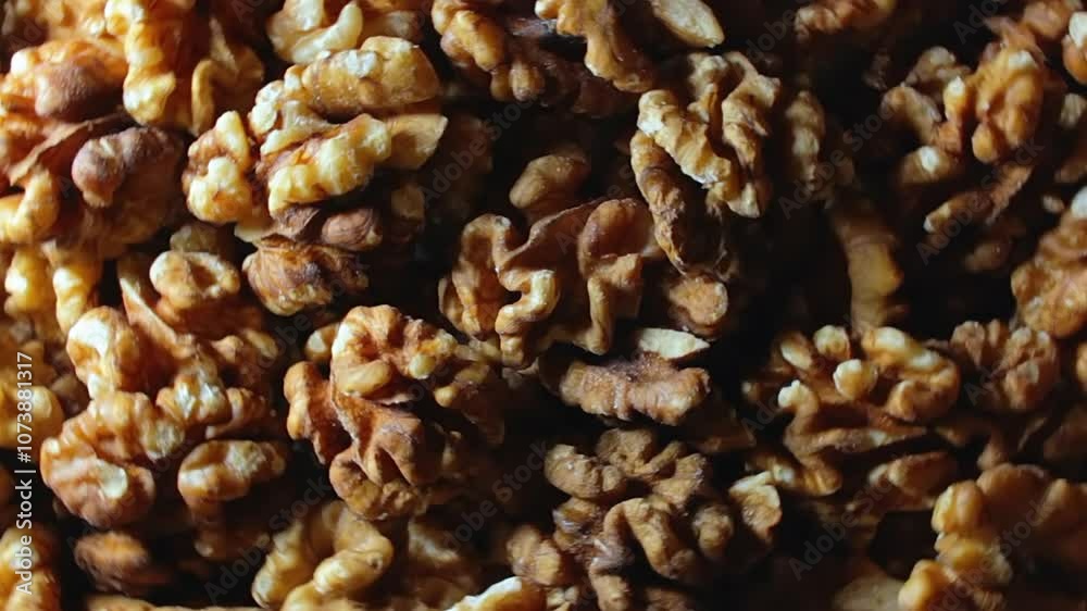 Scattered Shelled Walnuts - Top View, Rotating. Turning Walnut Background. Natural High-Calorie Snacks - Rotation Scattered Shelled Walnuts - Top View, Rotating. Turning Walnut Background. Natural High-Calorie Snacks - Rotation