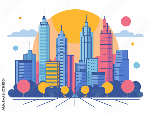 City skyline with a large green tree in the foreground. The city is full of tall buildings and the sky is cloudy. Atlanta