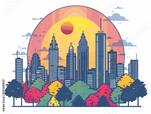City skyline with a large green tree in the foreground. The city is full of tall buildings and the sky is cloudy. Atlanta