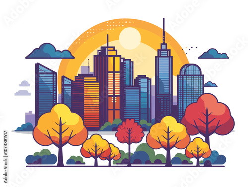 City skyline with a large green tree in the foreground. The city is full of tall buildings and the sky is cloudy. Atlanta
