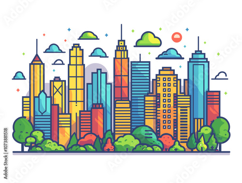 City skyline with a large green tree in the foreground. The city is full of tall buildings and the sky is cloudy. Atlanta