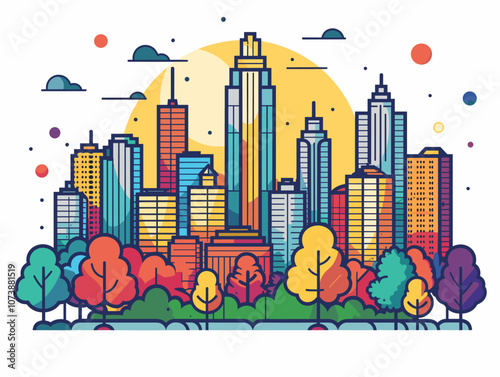 City skyline with a large green tree in the foreground. The city is full of tall buildings and the sky is cloudy. Atlanta