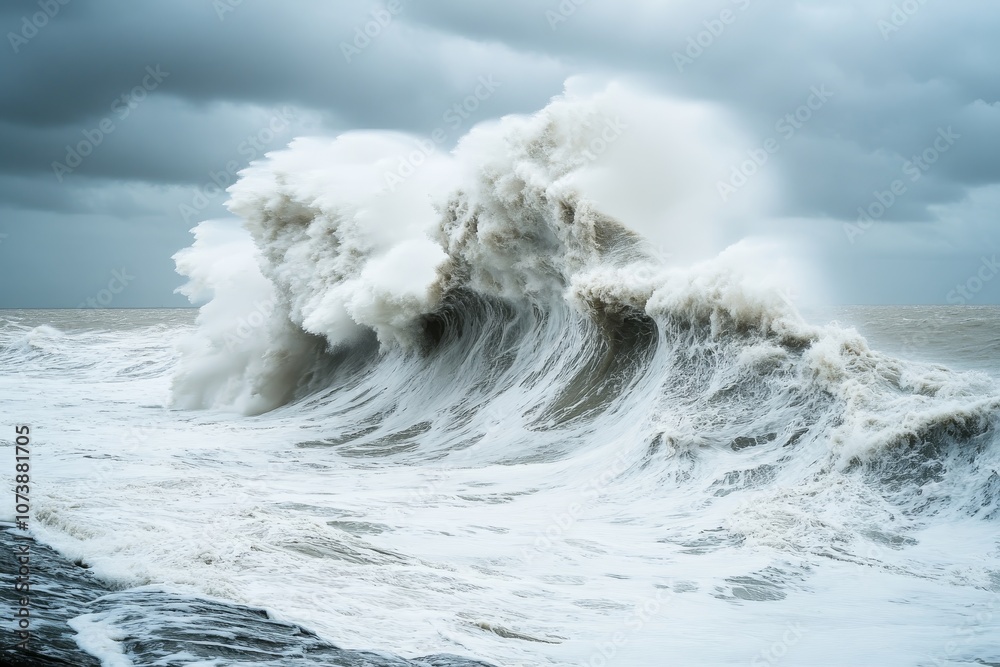 Obraz premium Dramatic stormy sea scene with massive waves crashing against the shore, showcasing nature s power