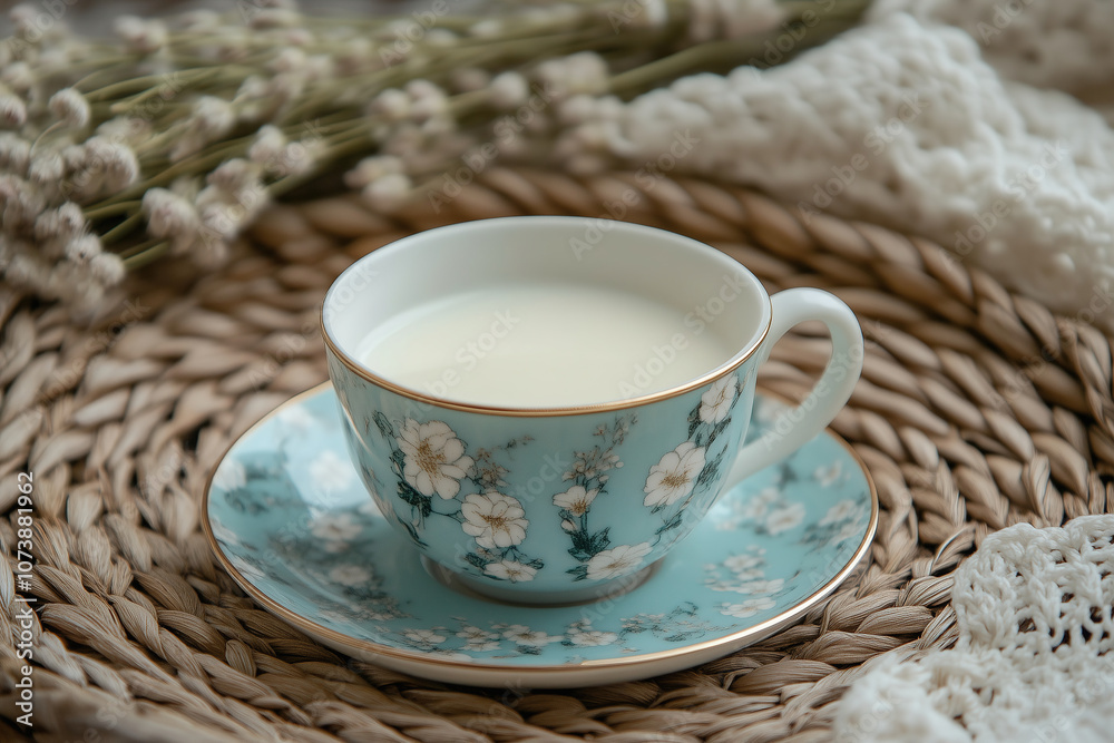 A delicate floral tea cup filled with creamy beverage sits on a woven mat, surrounded by dried flowers and lace in soft lighting. Generative AI A delicate floral tea cup filled with creamy beverage sits on a woven mat, surrounded by dried flowers and lace in soft lighting. Generative AI