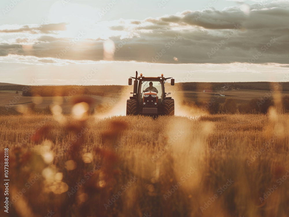 Fototapeta premium A farmer working the fields on a tractor.