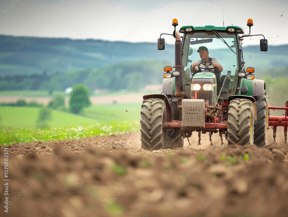 A farmer working the fields on a tractor. A farmer working the fields on a tractor.