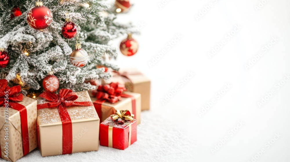 Snowy Christmas Tree with Red Ornaments and Wrapped Gifts Snowy Christmas Tree with Red Ornaments and Wrapped Gifts