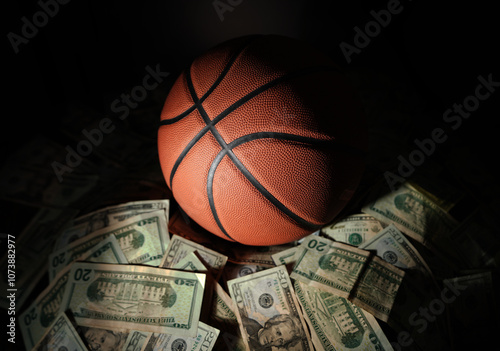 A basketball on a pile of money on dark background