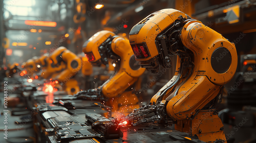 Industrial robot arms assembling electronics on production line, automated manufacturing process, high-tech factory, precision engineering, advanced robotics technology Industrial robot arms assembling electronics on production line, automated manufacturing process, high-tech factory, precision engineering, advanced robotics technology