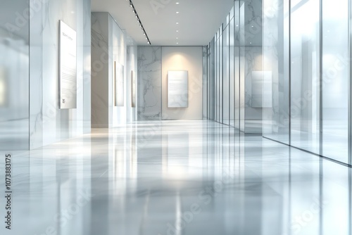 A modern exhibition hall with minimalistic architecture, sleek marble floors, and glass-paneled walls, featuring soft blurred signage. photo