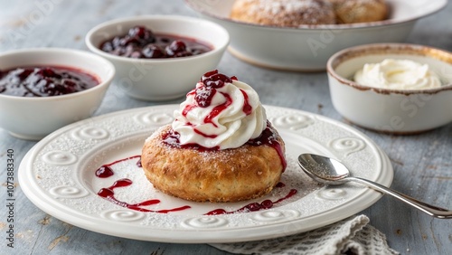 Wallpaper Mural Decadent scone with cream and berry compote - ideal for food blogs, bakery websites, recipe collections, or enticing social media posts Torontodigital.ca