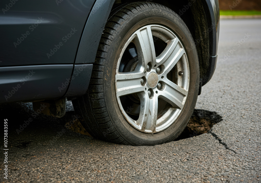 Car tire caught in a large pothole on a city street during daylight hours, highlighting roadway maintenance issues Car tire caught in a large pothole on a city street during daylight hours, highlighting roadway maintenance issues
