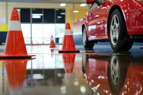 Red car parked on wet surface with orange cones in indoor training facility during a driving lesson session. Generative AI