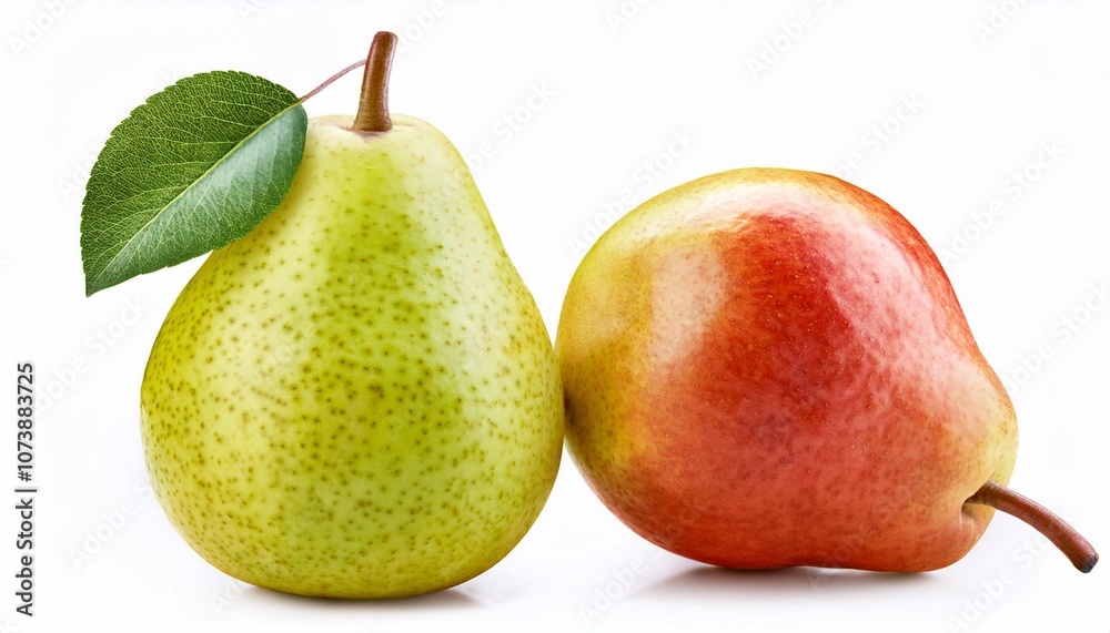 Two ripe pears showing green and red colors resting on white background Two ripe pears showing green and red colors resting on white background