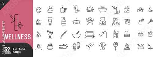 Wellness line editable icon set. Skin care, spa treatments, massage thin modern style vector illustration.