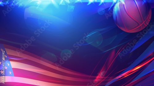 Dynamic Fourth of July Background Featuring Abstract American Flag and Basketball with Vibrant Colors, Suitable for Independence Day Celebrations, Sports Enthusiasts, and Patriotic Themes