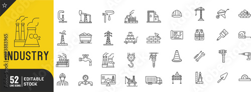 Industry line editable icon set. Production, machine, manufacture, warehouse thin modern style vector illustration.