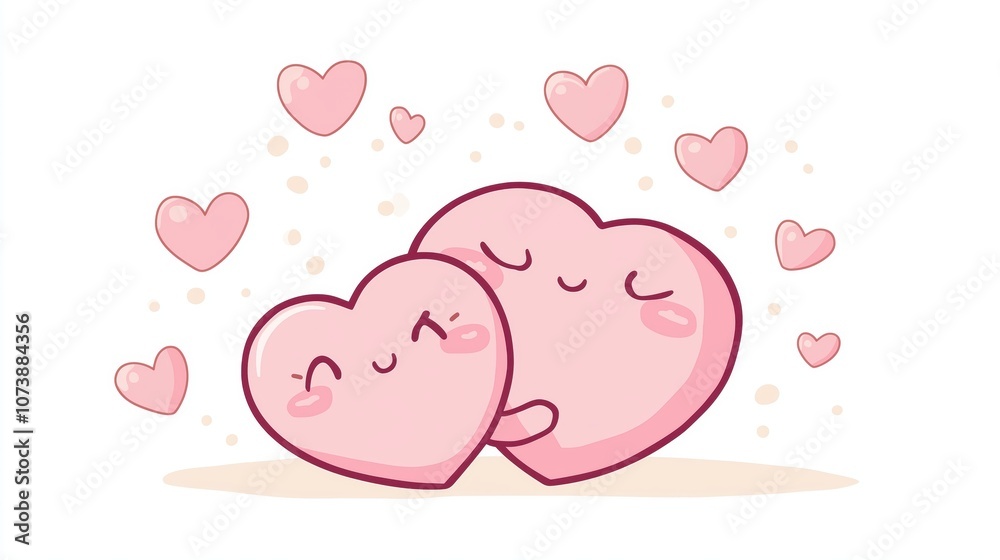 Adorable Cartoon Hearts Hugging Surrounded by Smaller Hearts Expressing Love and Affection Adorable Cartoon Hearts Hugging Surrounded by Smaller Hearts Expressing Love and Affection