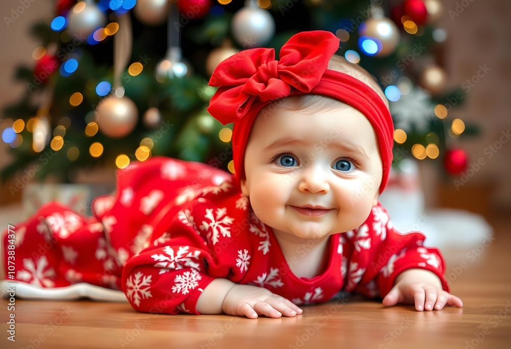 Festive Baby in Red Outfit with Christmas Tree Backdrop created with generative AI Festive Baby in Red Outfit with Christmas Tree Backdrop created with generative AI