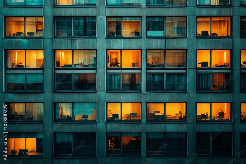 Illuminated multi story building with glowing windows at dusk  a captivating urban scene