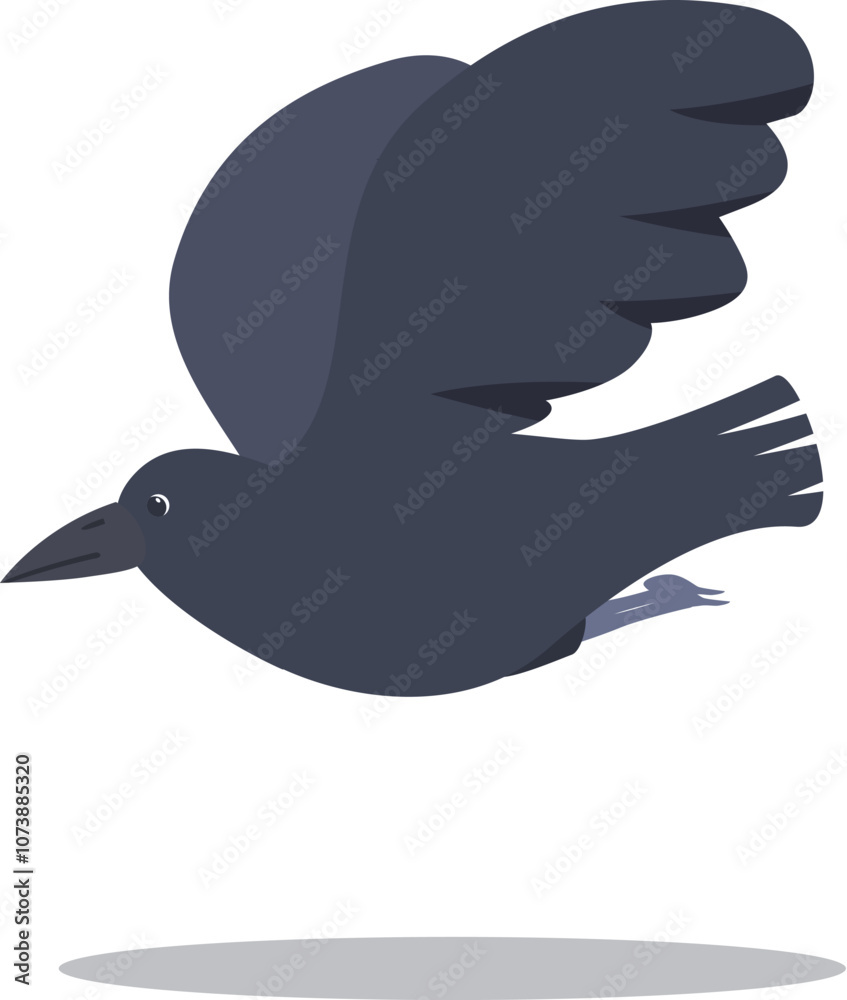 Illustration of a black crow flying with its wings wide open, casting a shadow below against a white background Illustration of a black crow flying with its wings wide open, casting a shadow below against a white background