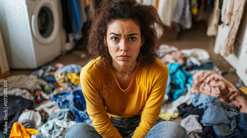 Young woman surrounded by messy clothes in a disorganized bedroom during the daytime