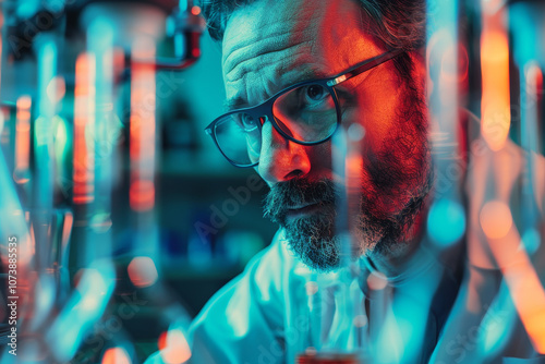 A man in a lab coat is looking at a bunch of test tubes