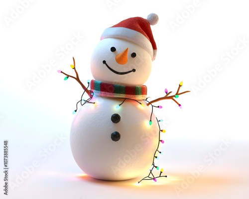 A cheerful snowman adorned with a red hat and festive lights, embodying the spirit of winter and joyful celebrations.