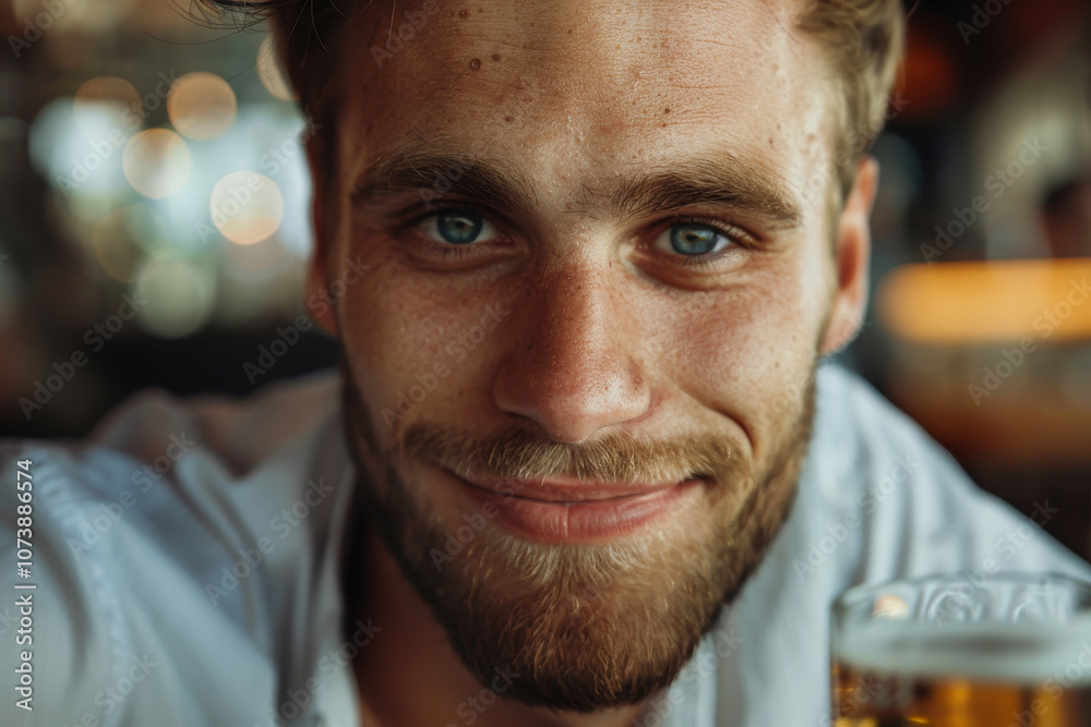 A man with a beard and blue eyes is smiling and holding a glass of beer A man with a beard and blue eyes is smiling and holding a glass of beer